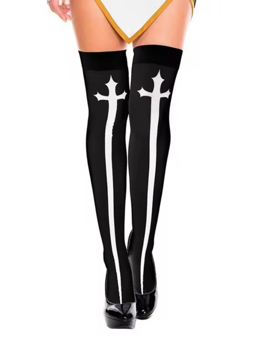 Women's Bad Nun Gothic Cross Print Black Thigh High Stockings Halloween Costume